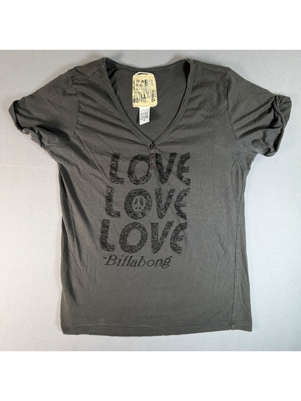 Billabong Love Henley Shirt Womens XL Gray Y2K Surf Skate Grunge Graphic Tee